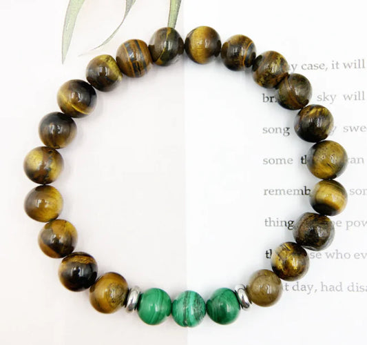 Natural Malachite and Tiger Eye Beaded Bracelet