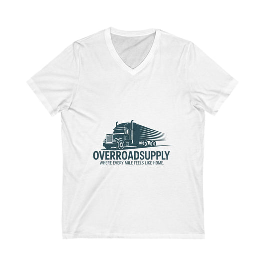 Comfortable V-Neck Tee for Truck Enthusiasts, Casual Wear, Gift for Drivers, Overroad Supply, Home on the Road